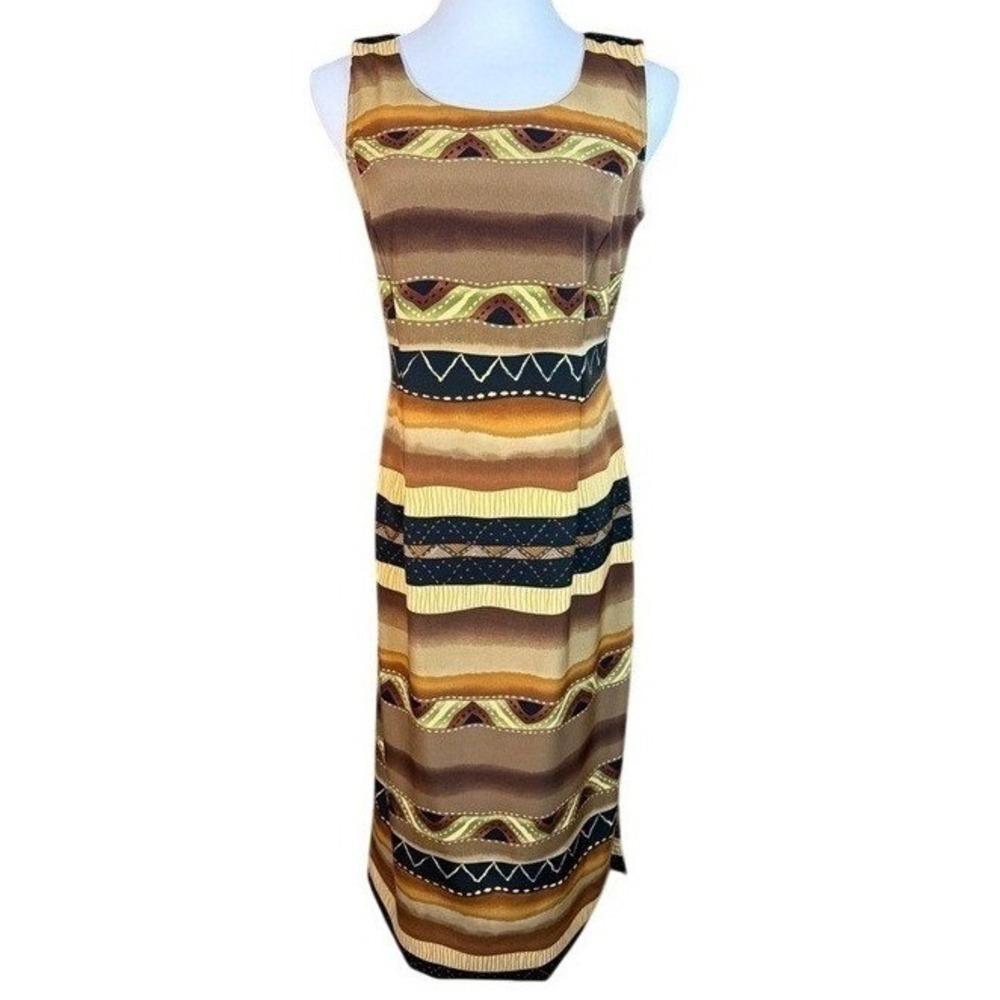 Dani Michaels‎ Vintage Geometric Stripe Midi Sheath Dress Brown 9/10 Made in USA